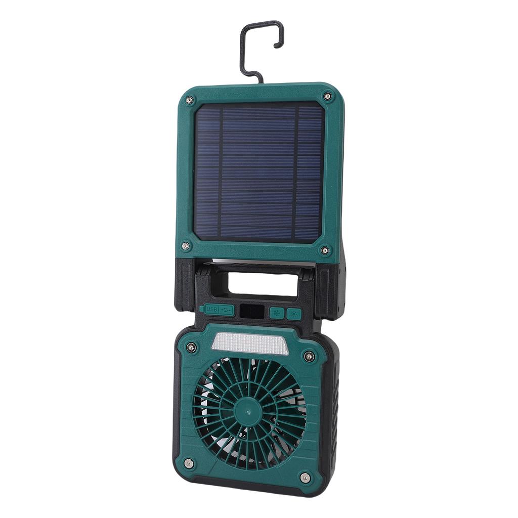 Solar Camping Fan with LED Light 3 Wind Speeds 5 Lighting Modes Rechargeable Solar Powered Fan for Tent Hiking Emergency