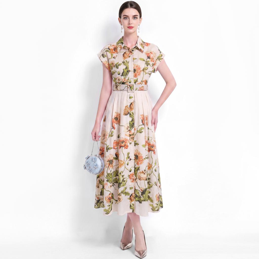 Elegant Floral Print Midi Shirt Dress for Women Summer Cap Sleeve Lapel Button Down Waist Belt A-Line Dress Holiday Outfits