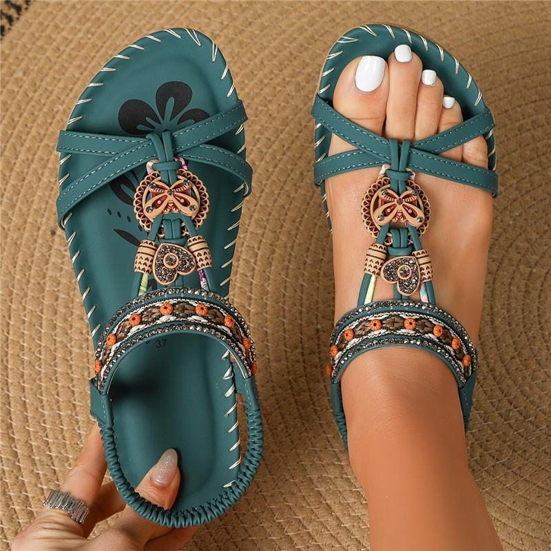 Bohemian Style Large Size Flat Bottomed Flower Rhinestone Sandals Open Toed Outer Wear Beach Sandals