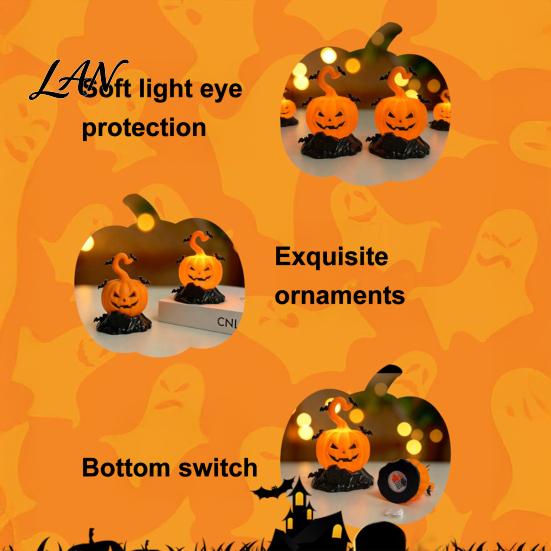 Halloween Bat Decoration LED Candle Light Figurine, Tombstone Glowing Tabletop Ornament, Warm Decorative Pumpkin Decor Prop for Escape Room