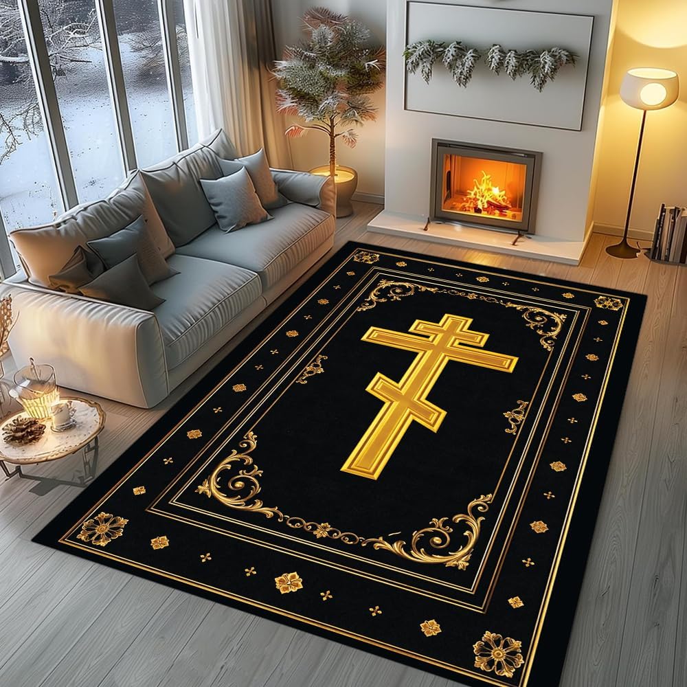 Tappeto Croce Cristiana Ortodossa Design Embossato Oro Retrò Stanza della Preghiera Religiosa Soggiorno Tappetino della Fede Idea Ornamento per Cristiani