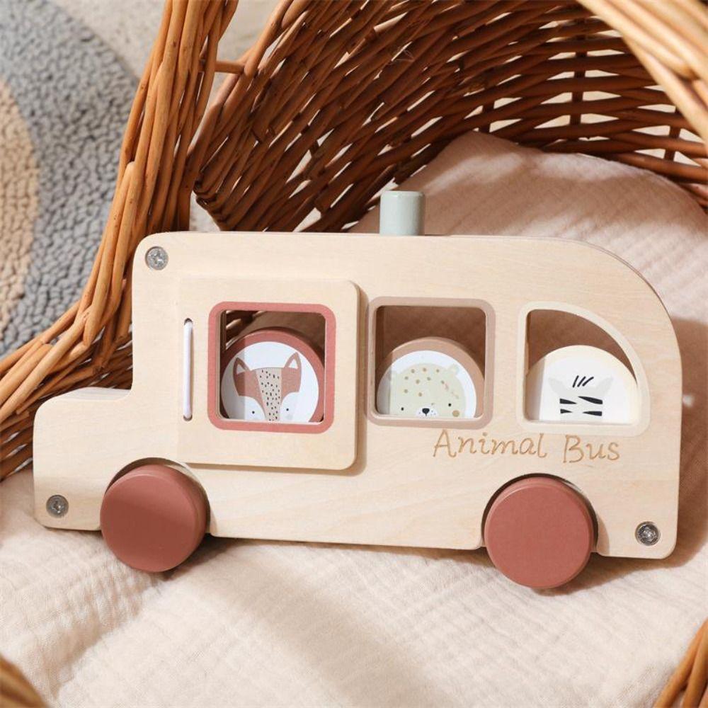 Wooden Material Wooden Bus Toy Cylinder Blocks Wooden Cartoon Animal Bus  Early Learning