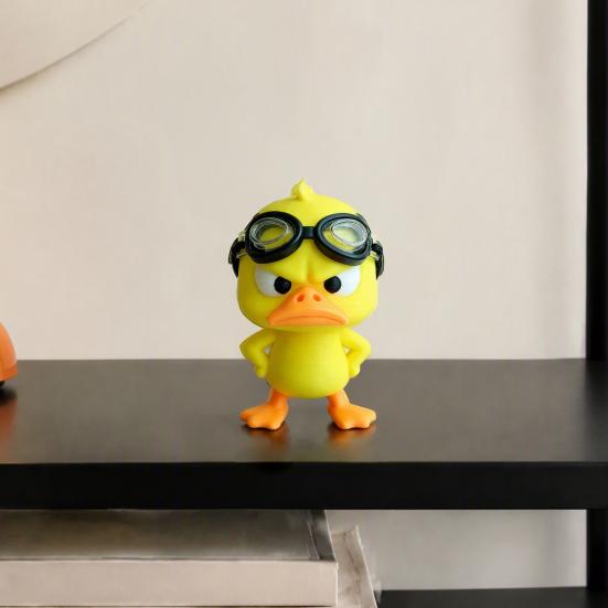 Fun Car Dashboard Decor 3D Printed Angry Yellow Duck Figurine with Detachable Swimming Goggles, Funny Office Desk Ornaments Statue, Desktop