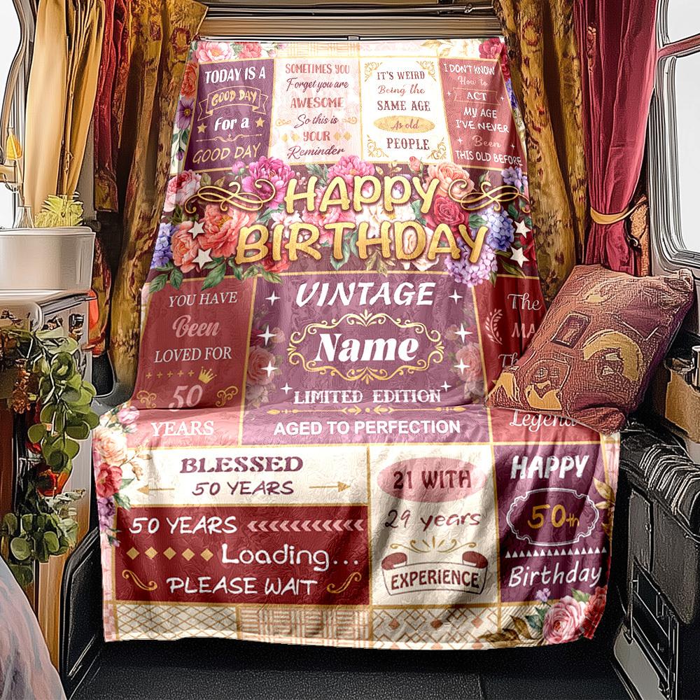 Vintage Floral Birthday Celebration Blanket Personalized Name Soft Comfortable Stylish Blanket Car Blanket Perfect For Travel Camping Outdoor Home