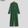 INCERUN Men Collarless Long Sleeve Belt Solid Sports Casual Buttons Long Jumpsuits Rompers