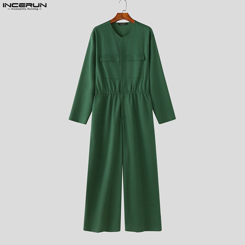 INCERUN Men Collarless Long Sleeve Belt Solid Sports Casual Buttons Long Jumpsuits Rompers