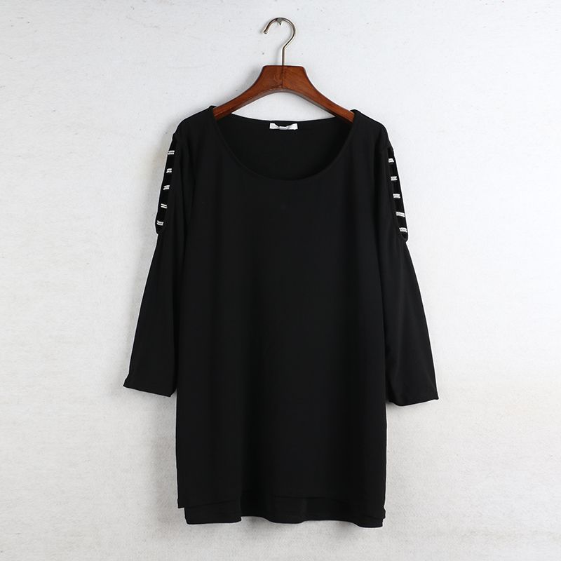 

Sunshine House Summer New Arrival Export European and American plus Size Women s Clothes Hot Rhinestone 3/4 Sleeve Thin Chiffon Shirt/T-shirt Tops Black S (European code): Bust size 92