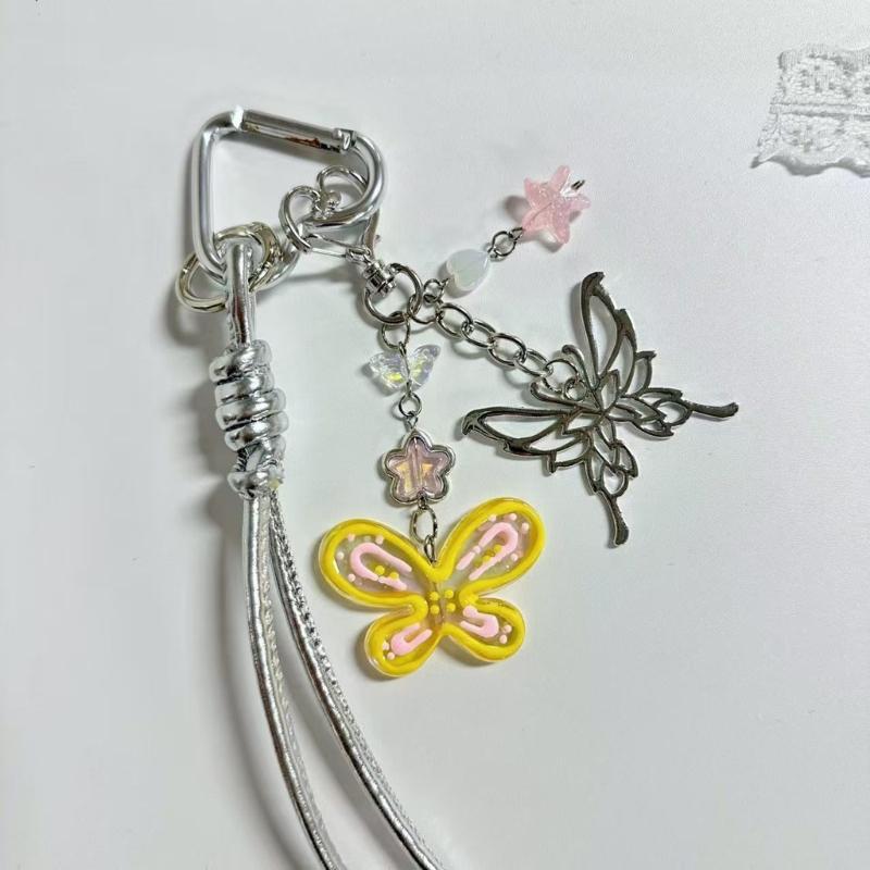 Hand Painted Butterfly Beaded Keychain For Bag Charm Spring Theme Double Tone Sparkling Jewelry Phone Accessory