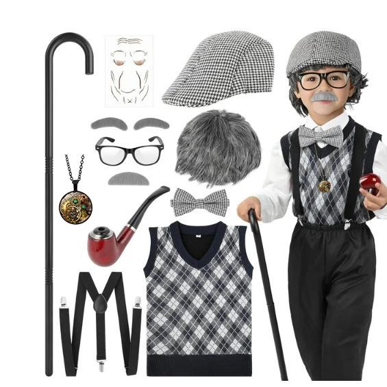 New Kids 100 Days of School Costume for Boys Halloween Old Man Costume Hat Glasses Wig and Grandpa Vest Cane Full Set Child
