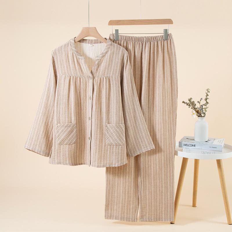 10 pure cotton double-layer gauze pleated texture couple long-sleeved pajamas loungewear plain and elegant leisurely set