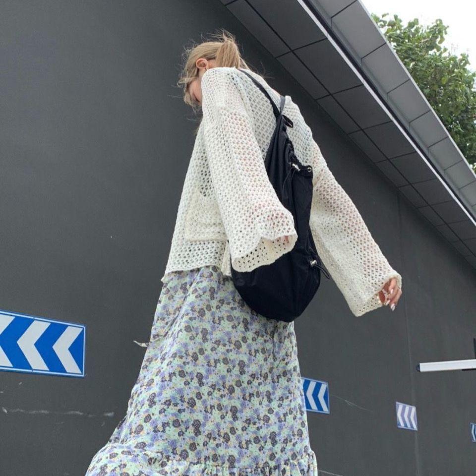 Harajuku stickad kofta dam vintage hollow out oversized tröja koreanskt mode löst Casual långärmade tunna toppar