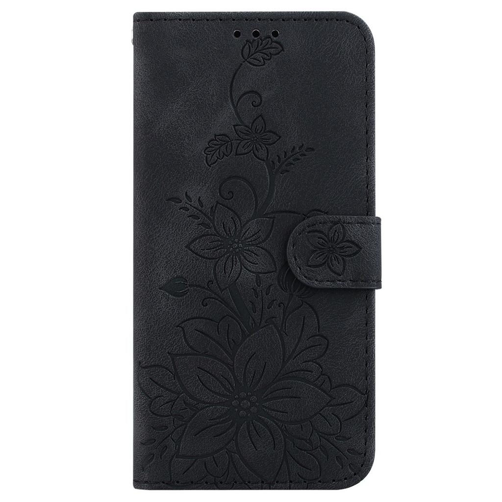 For iPhone 17 Pro Stand Case Lily Flower Imprint Leather Phone Cover with Wrist Strap