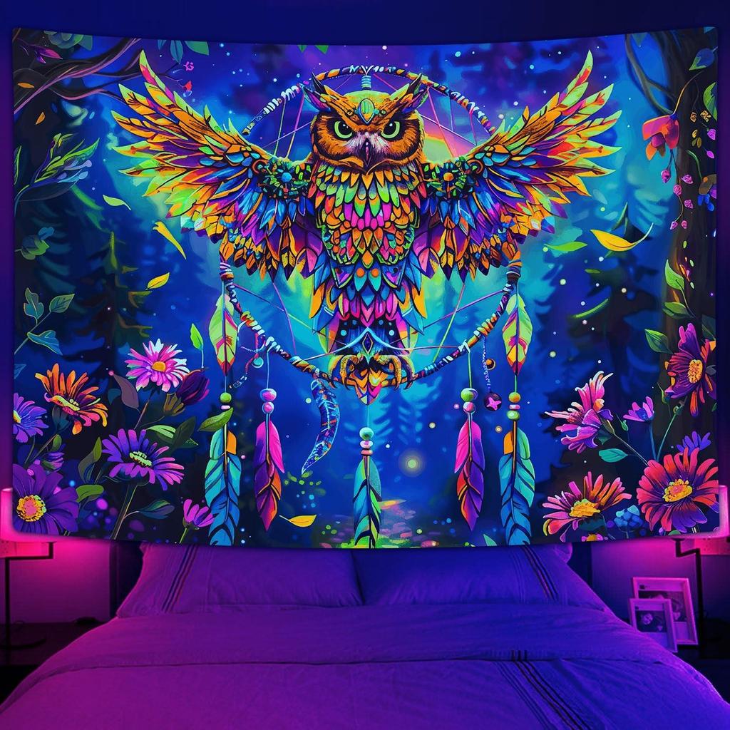 Tapestry Dark Night Owl UV Reactive Psychedelic