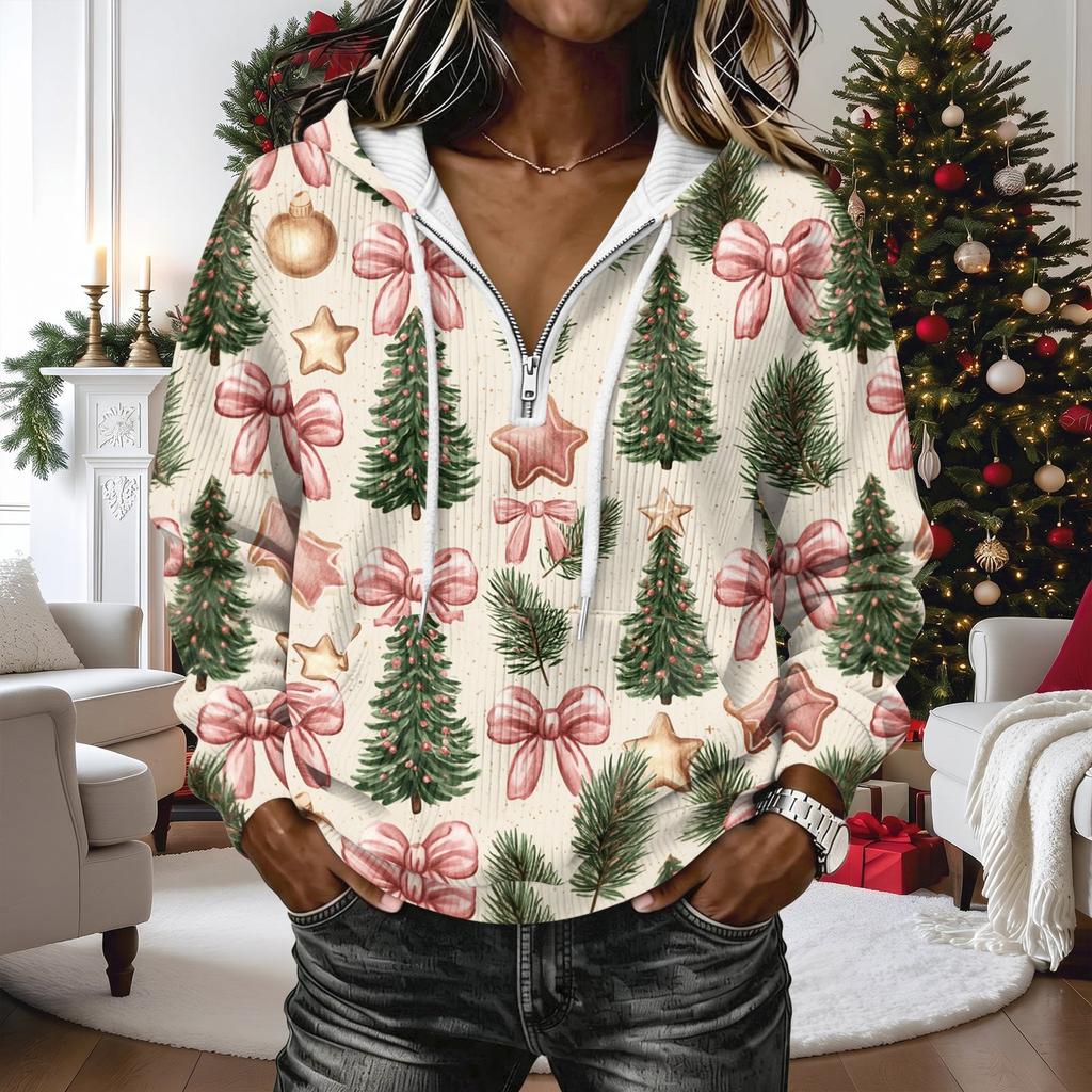 Women's Christmas Print Long Sleeve Hooded Pullover Sweatshirt