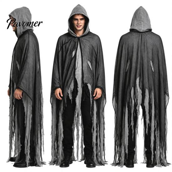Vampiric Character Outfit Halloween Hooded Cloak, Medieval Gothic Wizard Vampires Cape with Black Mysterious Costume Accessory Mesh, Full Length