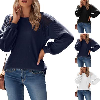 Women's Fashion Casual Solid Color Striped Round Neck Pullover Lace Long Sleeve Top T-shirt