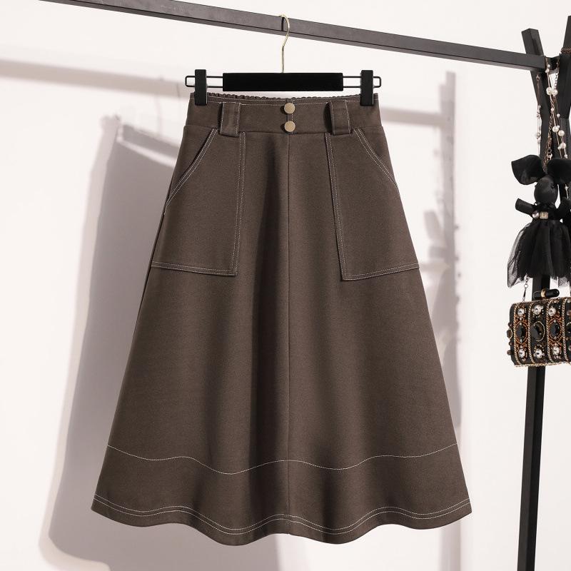 Autumn/Winter Plus Size A-Line Woolen Skirt with Large Hem XL коричневый