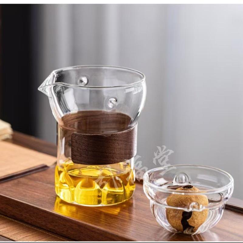 Little Green Mandarin Glass Tea Set with Wooden Ring Heat Insulation Tea Divider and Fairness Cup