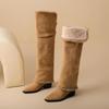 Krazing Pot Flock Pointed Toe Thick High Heels Thigh High Boots Size 46 Size 45 Slip On Plus Size Women Keep Warm Over-the-knee Boots