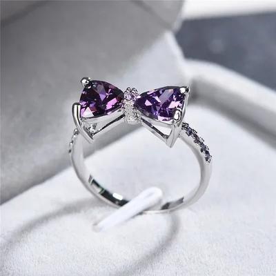 Fashion Deep Purple Austria Crystal Bow Ring Wedding Engagement Cubic Zirconia Stamp Silver Color Rings for Women Wholesale