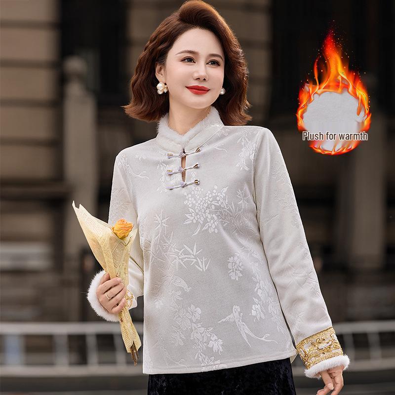Women's Embroidered Jacquard T-shirt with Frog Button, Plus Velvet, Long Sleeve - New Chinese Style, Autumn/Winter.