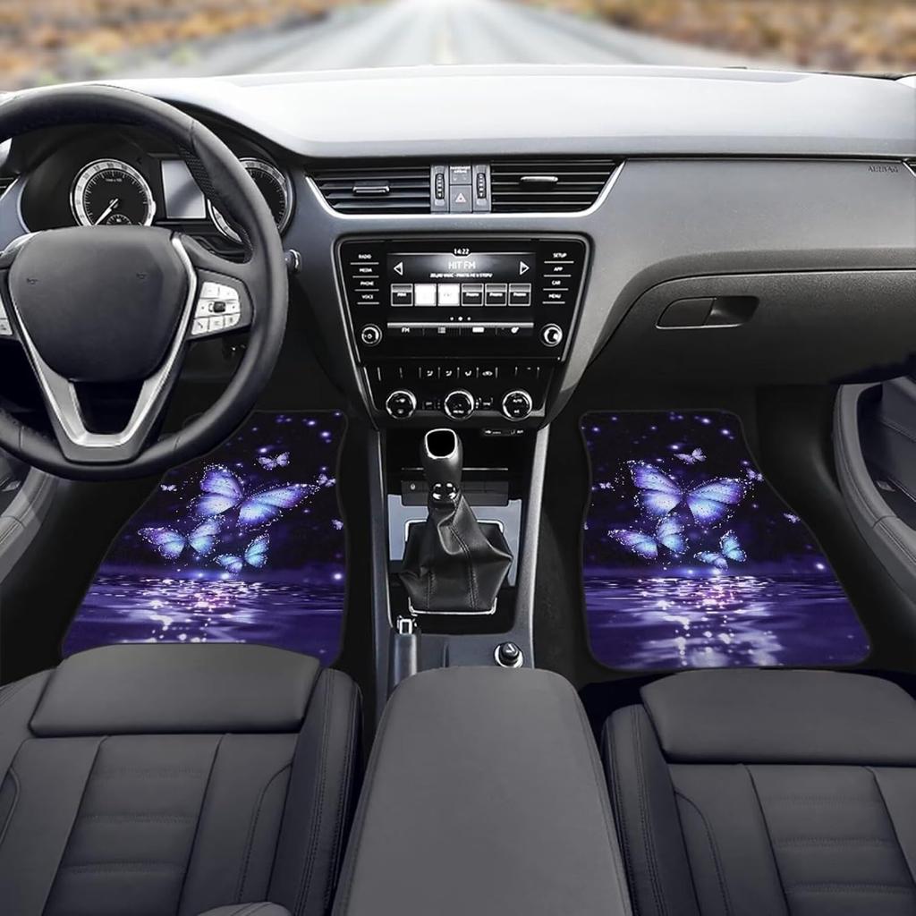 4pcs Purple Blue Butterfly Print Car Floor Mats | Durable Waterproof Universal Fit Automotive Carpet Set for Women, Interior Car Care, Decorative Mats