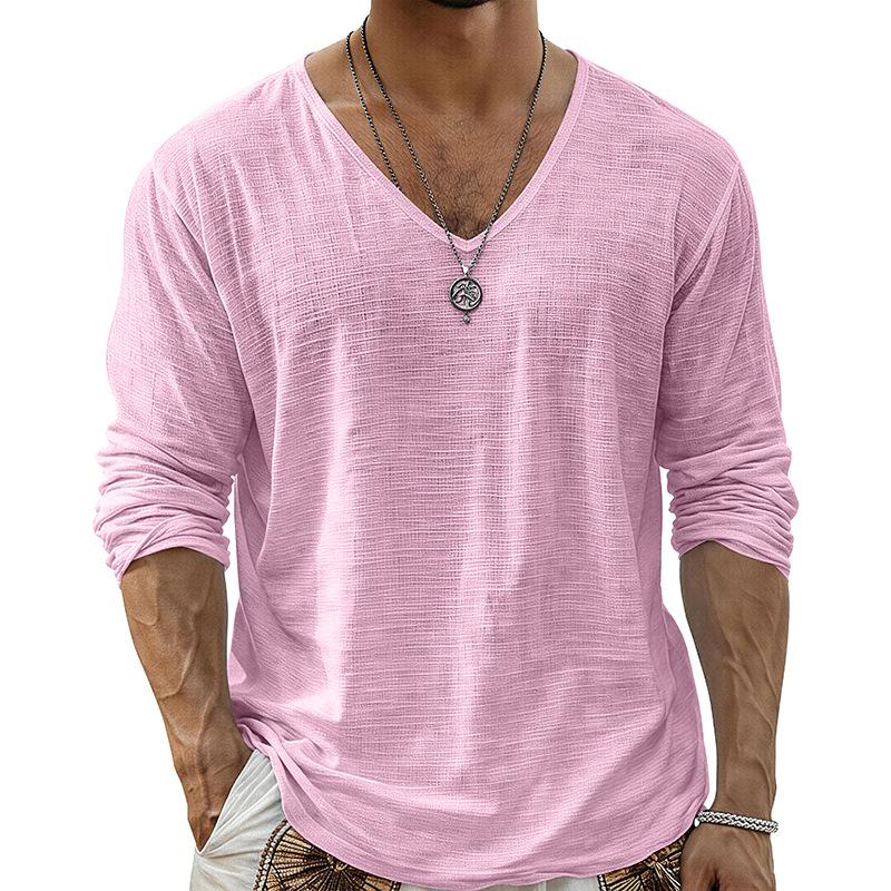 T-shirt da uomo a tinta unita con scollo a V e maniche lunghe