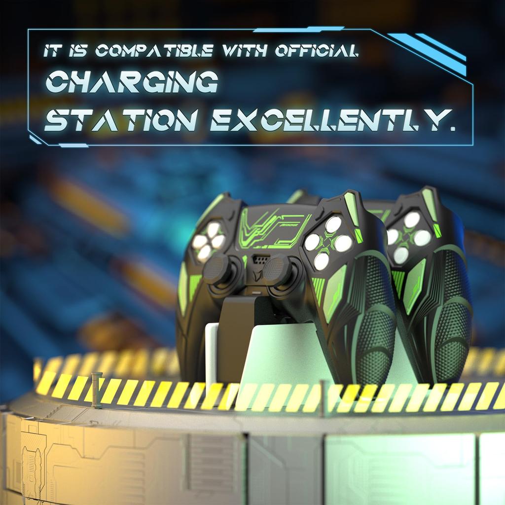 PlayVital PS5 Controller Silicone Mecha Rhino Shockproof Protective Easy Includes Thumb Grips and Compatible with Charging Black and Green Cover,