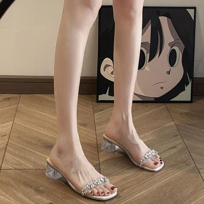 Small People Are Not Tired of Feet Thick Heels High Heels Women's Sandals 2024 Summer New Shoes Transparent Crystal Cool Slippers Outside