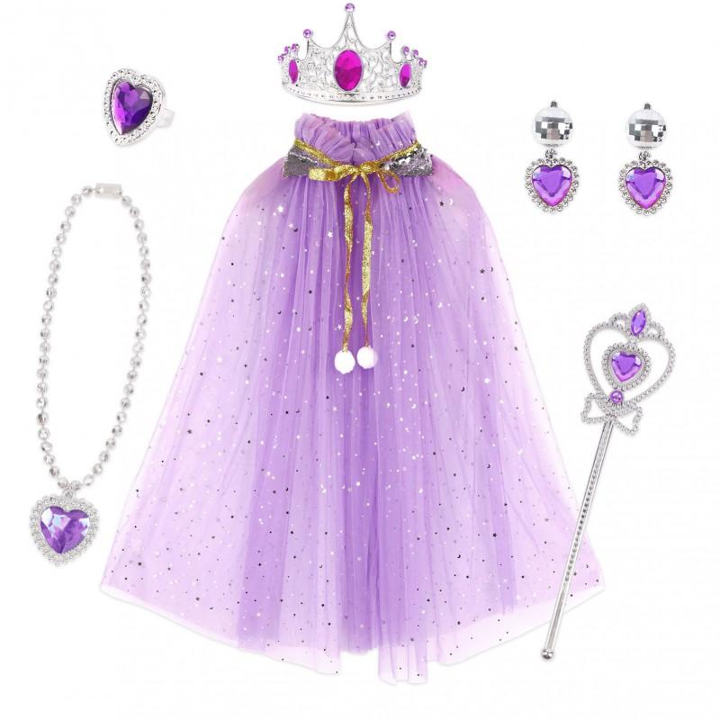 Girls Princess Dress Up Set Cape Wand Crown Jewelry 6pcs Kids Pretend Play Toys