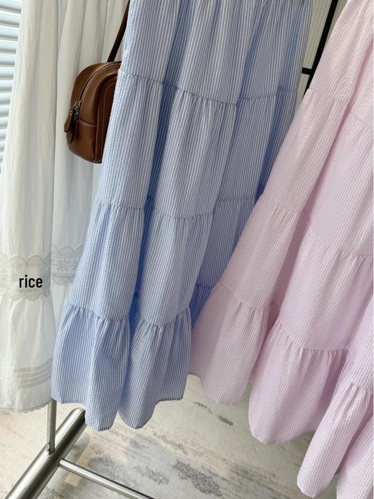 Korean-Style Sweet High-Waisted Ribbed A-Line Midi Skirt, Women's Spring/Summer New Arrival, Slimming Versatile Umbrella Design, Big Hem Skirt