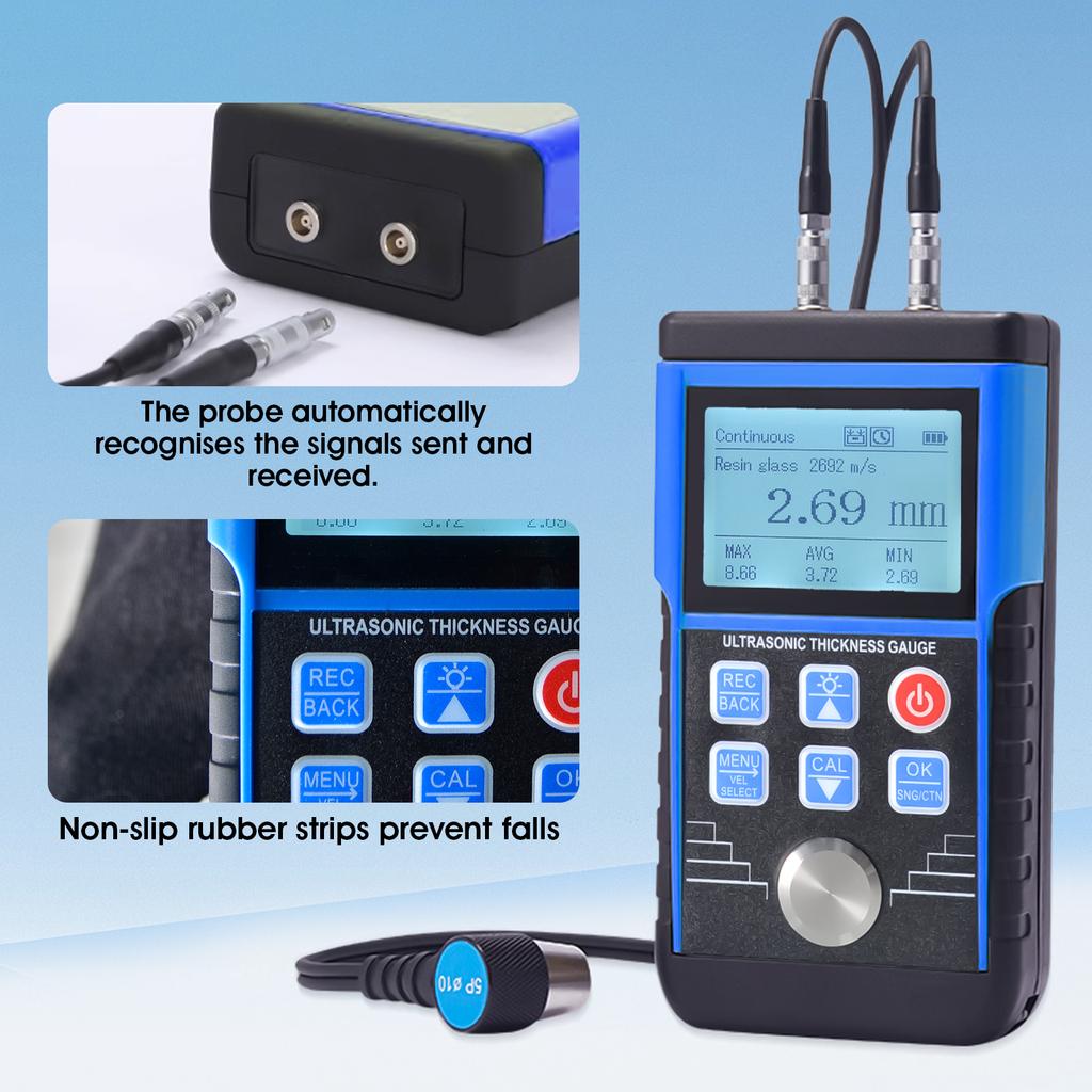 Ultrasonic Thickness Gauge 0.8-500mm 0.01mm Resolution Handheld for Metal/Steel with Sound Velocity Measurement Data Storage