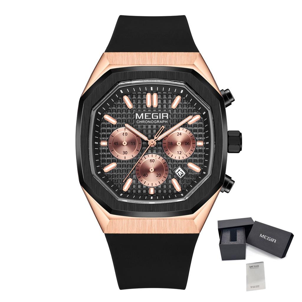 MEGIR 2215 Men Luxury Watches Fashion Casual Sports Chronograph Silicone Strap Quartz Wristwatch Calendar Waterproof Clock