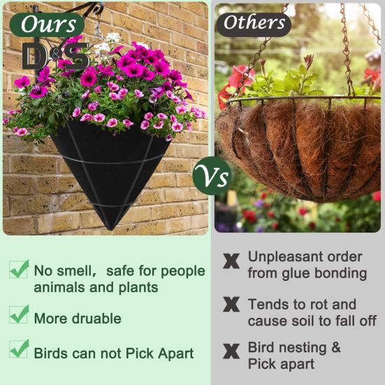 3 Stück kegelförmige Einsätze für Blumenkörbe, Pflanzkorbeinsätze, schwarze Filzeinlagen, Ersatz-Pflanzgefäßeinlagen für hängende Blumenkörbe im Freien