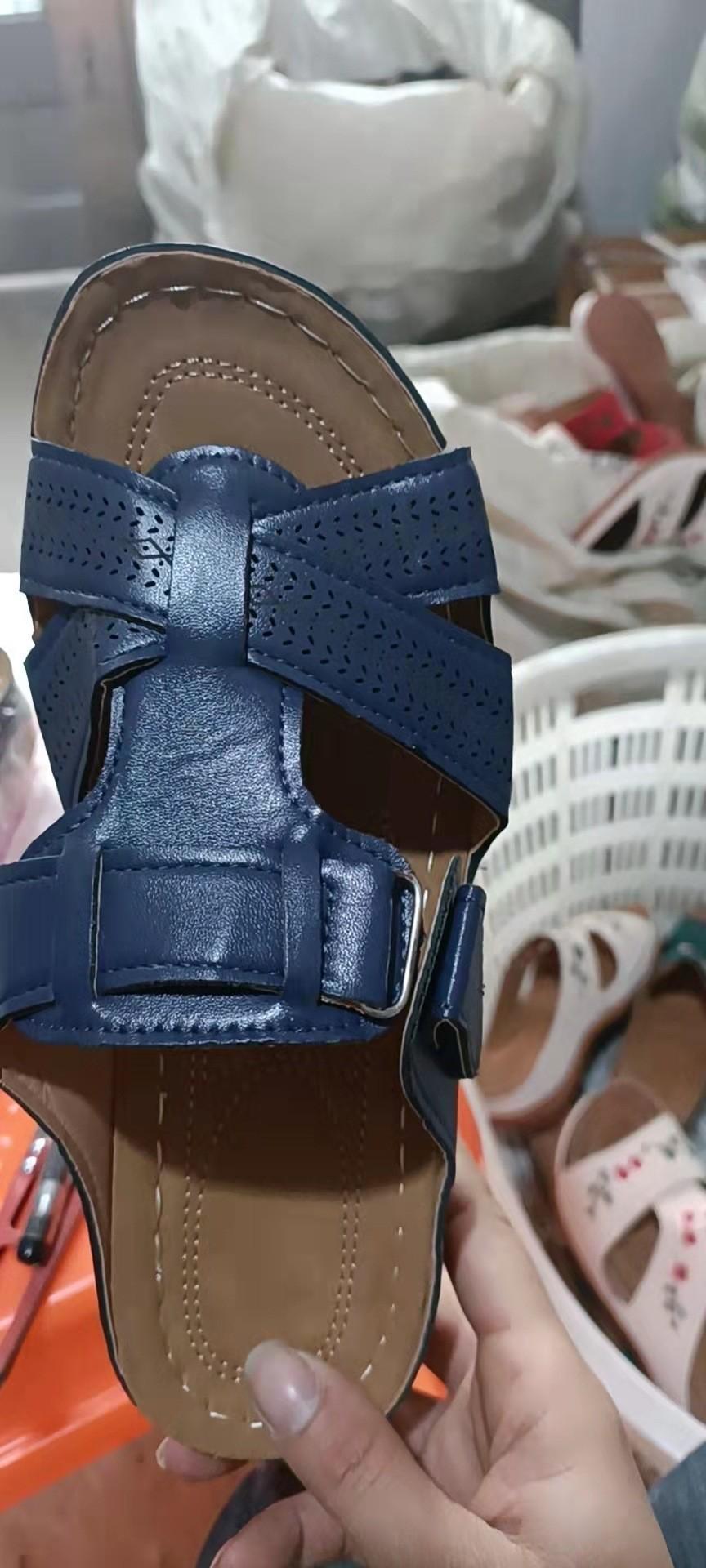 

Women s shoes 2 summer new one-character hollow fish mouth wedge heel shake line Velcro slippers large size women s shoes 43 темно-синього кольору