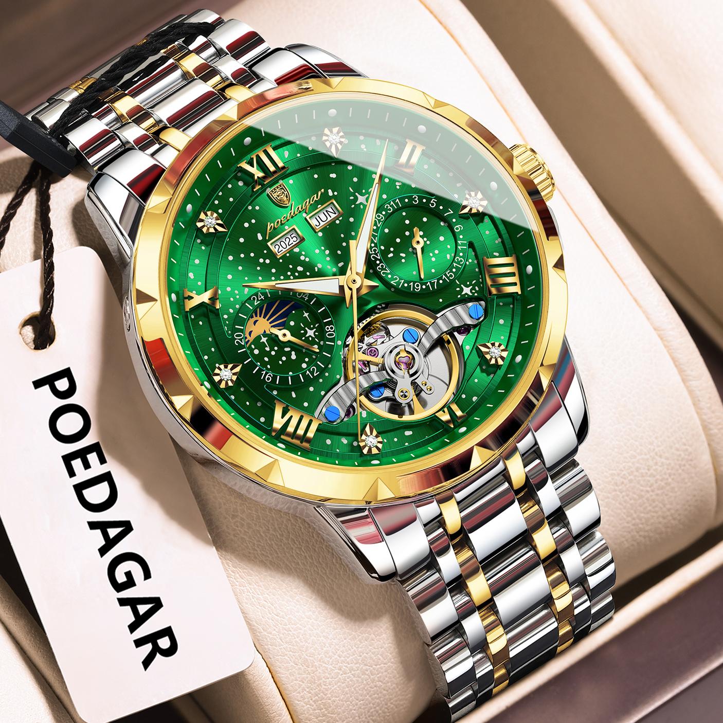 

POEDAGAR Luxury Men Wristwatch Fashion Date Hollow Tourbillon Clock Automatic Mechanical Stainless Steel Watches Reloj