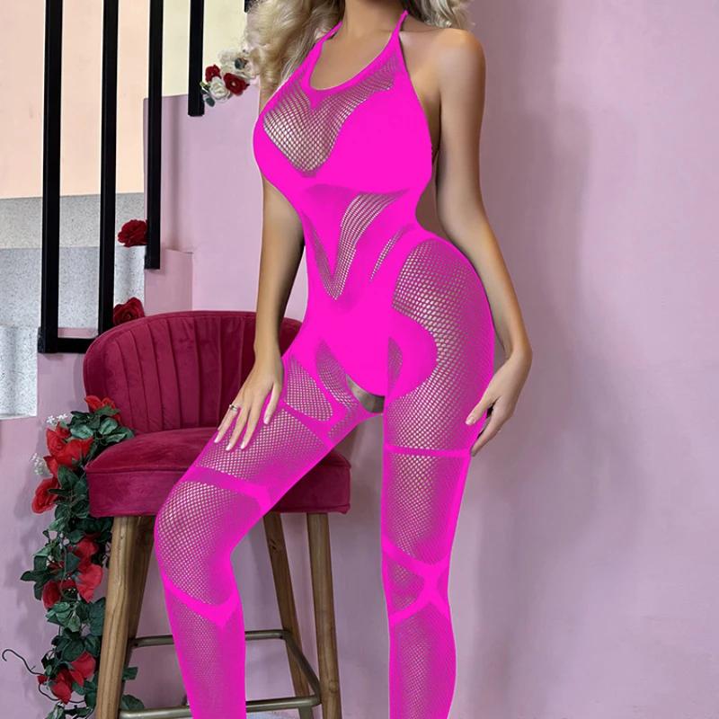 Women Sexy Jumpsuit Lace Open Crotch See-Through Underwear Jacquard Mesh Halterneck Backless Pantyhose Stockings Bikinis