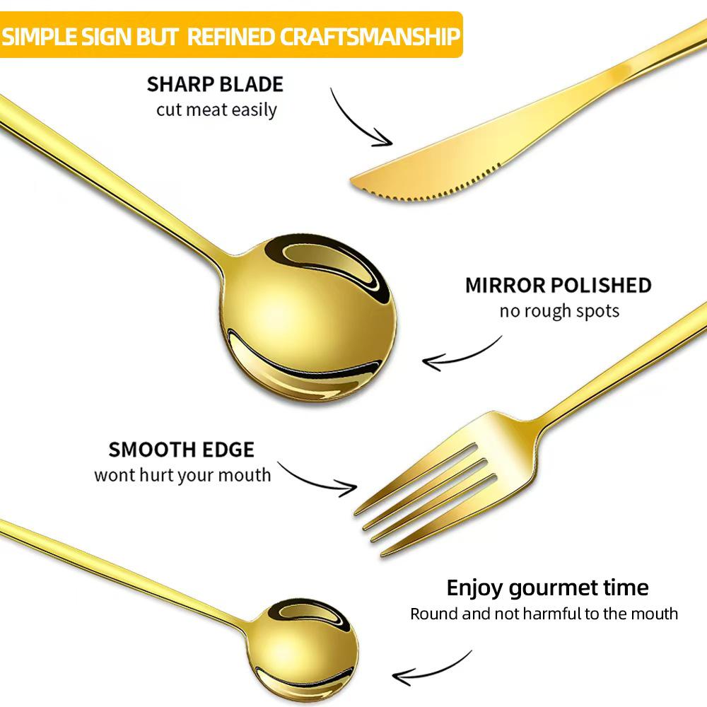Set tacâmuri din oțel inoxidabil Portugal Gold, 24 de piese: Cuțit de Steak, Furculiță, Lingură de Hotel în Cutie Cadou