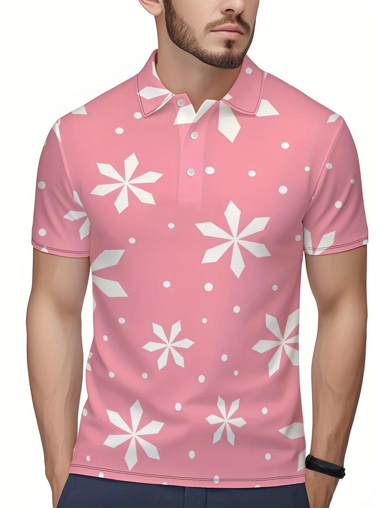 Men's Short-Sleeve Polo Shirt with Lapel Collar & Button Placket - Full-Body Christmas Print Button-Front Suitable for Dates, Beach Vacations, Machine