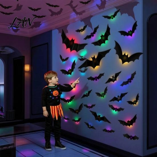 Night Glowing Atmosphere Lights 48Pcs Halloween Bats Wall Decor, LED Light Up Bats, 12 with Remote, Window Clings 6 Sizes 3D Stickers for Indoor Door