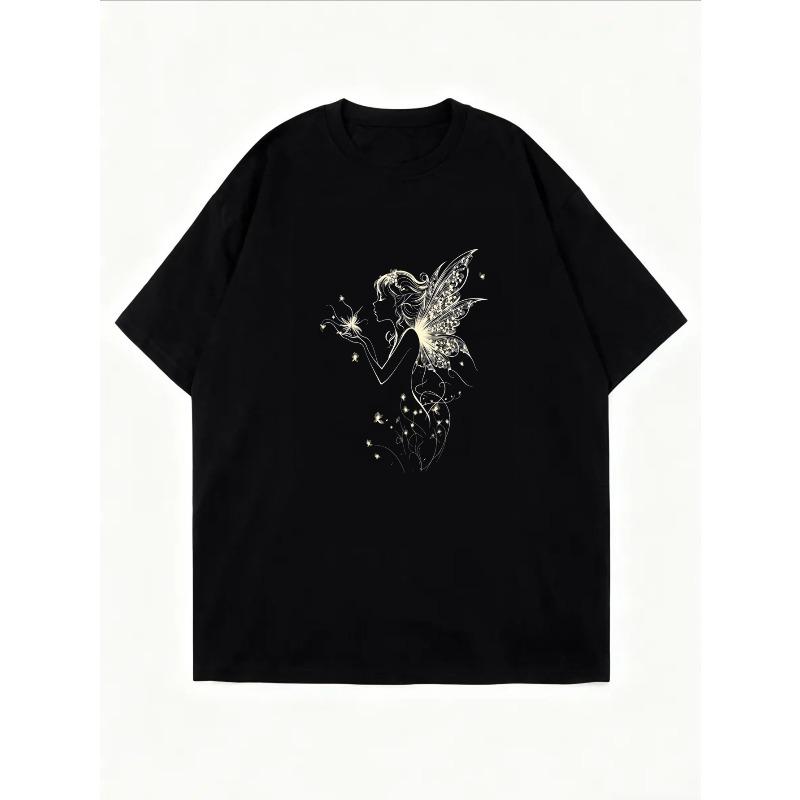 Weißes T-Shirt mit Feen- und Blumendruck für Freizeitkleidung