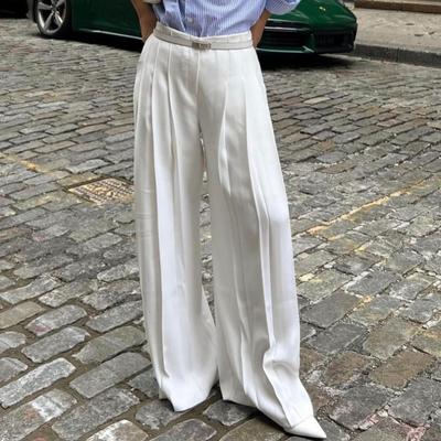 Spring and Summer Fashion Street Photography, High Drape Mopping Wide-leg Pants, European and American White High-waisted Casual Trousers for Women