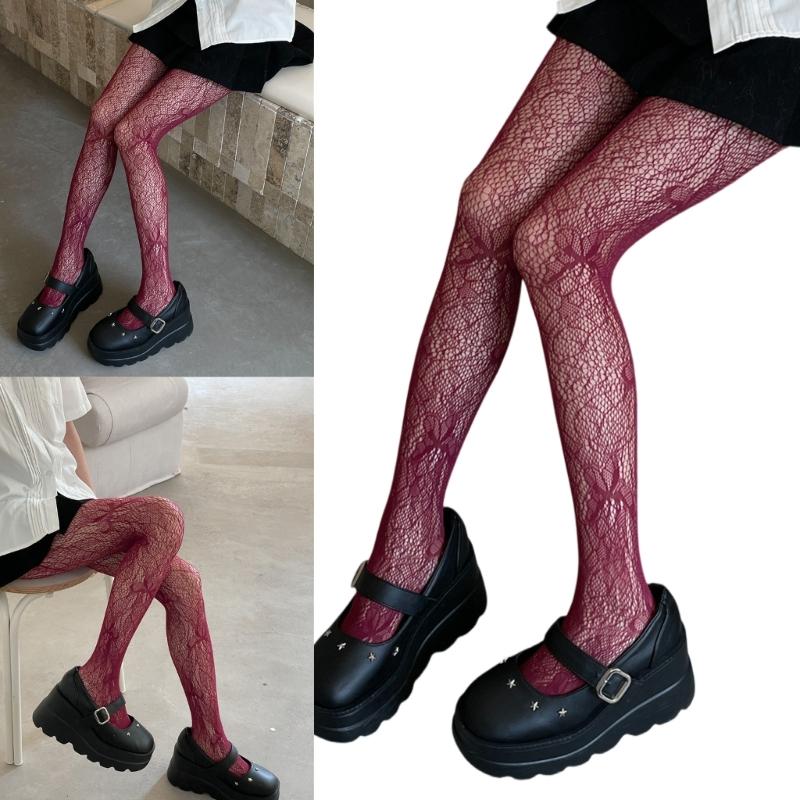 Women Sexy Hollowed Sheer Fishnet Pantyhose Aesthetic Vintage Butterfly Jacquard Patterned Leggings Colored Mesh Tights
