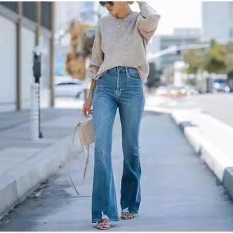 Women Jeans Bleached High Waist Flare Jean Zipper Fly Vintage Washed Loose Fit Denim Full Length Pants Pockets Basics Solid Color