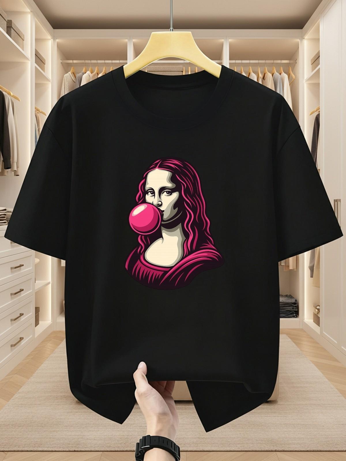 Men S T-Shirts Mona Lisa Bubblegum Print Round Neck Short Sleeve T-Shirt XXXXL