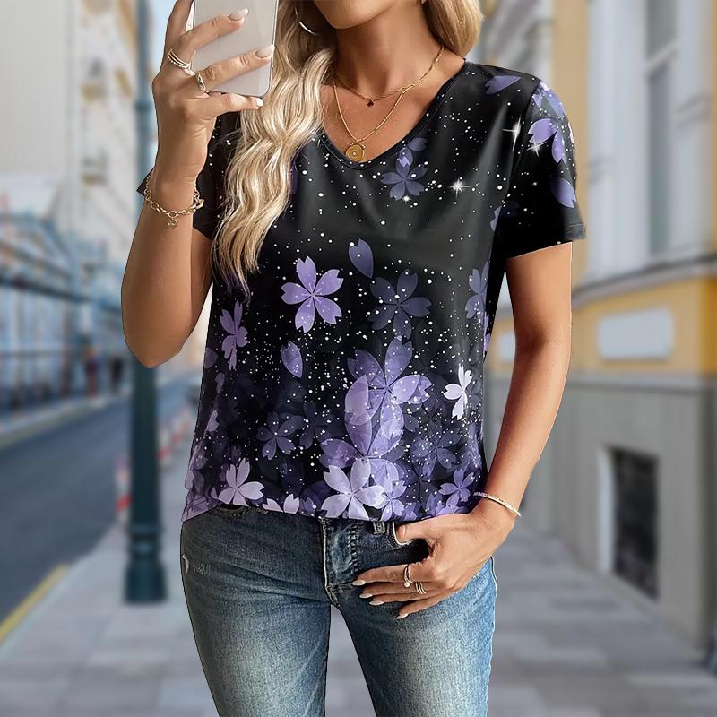 Fashion Falling Flowers Printing Blouses Short Sleeve V-Neck T Shirts Casual
