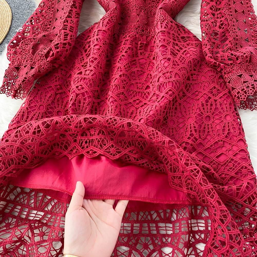 RUGOD Robe rétro haut de gamme de déesse du tempérament, robe trapèze en dentelle à crochet creux à taille fine et fleur