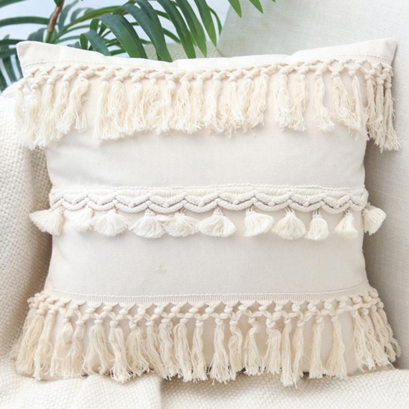 Soft Cotton-ramie Pillow Covers, European Style With Tassels Cushion Cover Shell for Sofa Bedroom Cream Beige Stylish