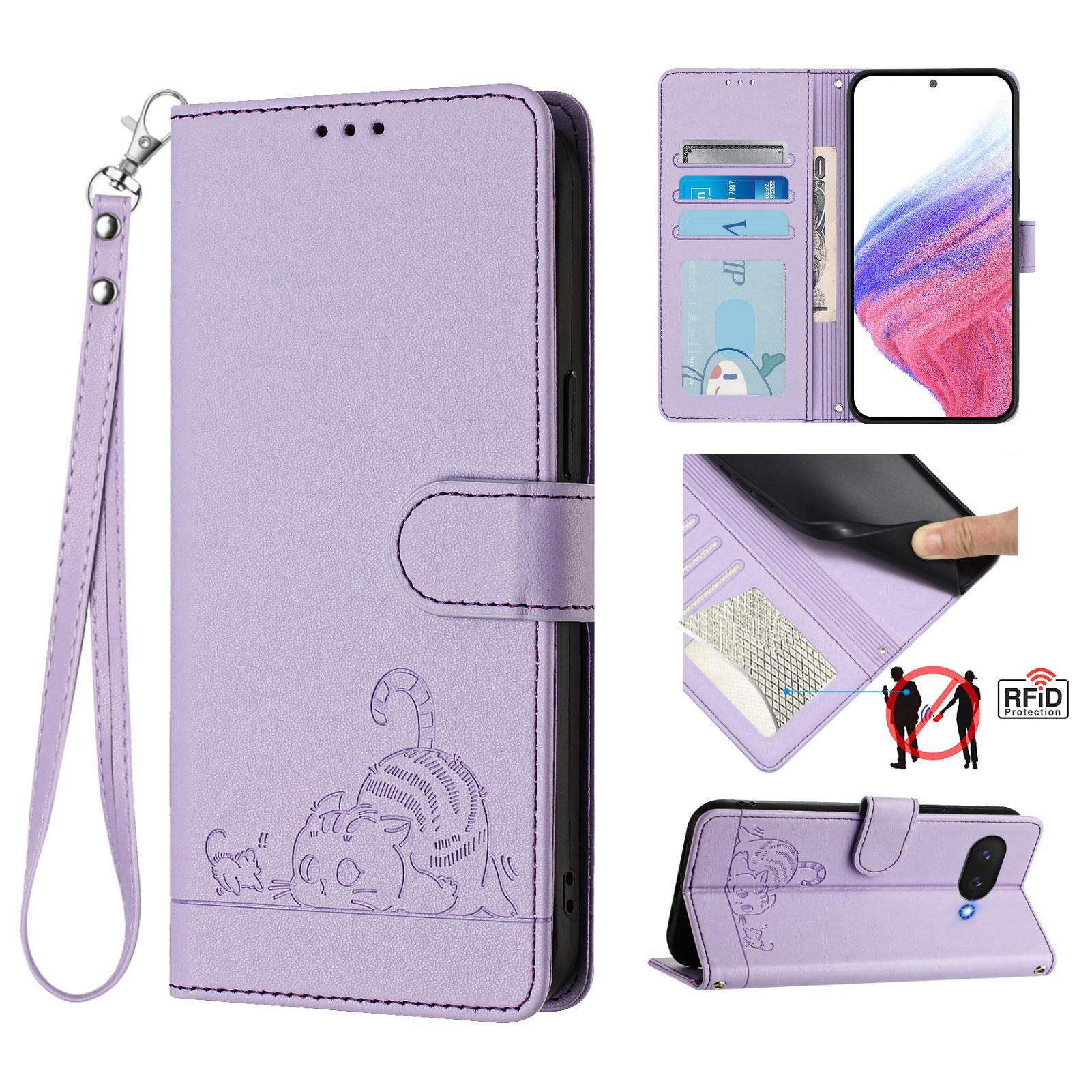 

For Google Pixel 9a Case with Strap RFID Blocking Leather Wallet Phone Cover Cat Mouse Pattern Purple