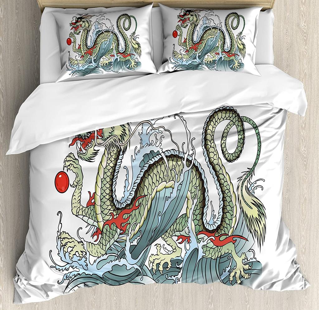 Japanese Dragon Bedding Set For Bedroom Bed Home Tribal Tattoo Style Asian Indigenous Cre Duvet Cover Quilt Cover And Pillowcase